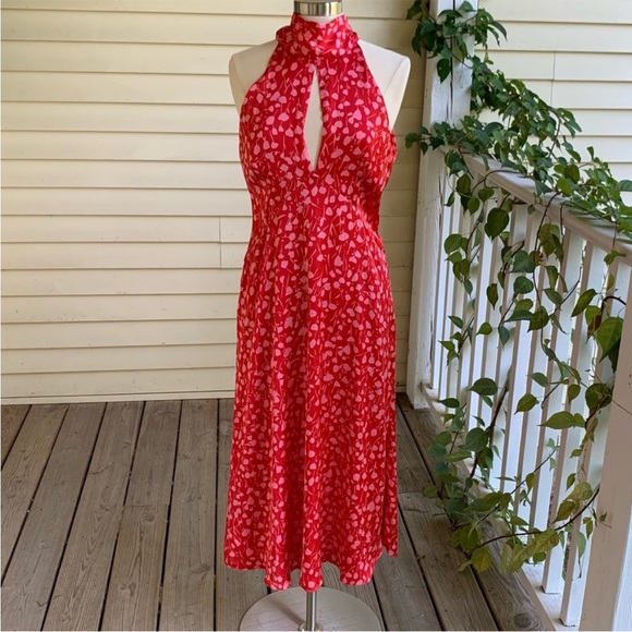 NWT Zara Halter Midi Dress Red Pink Floral Tie Neck Size small, wedding party - Picture 5 of 8